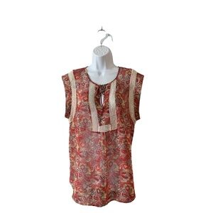 Daniel Rainn size XL red paisley sleeveless blouse with cream peekaboo panels